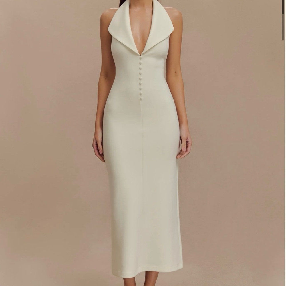 Annita Crepe Halter Midi Dress - Ivory